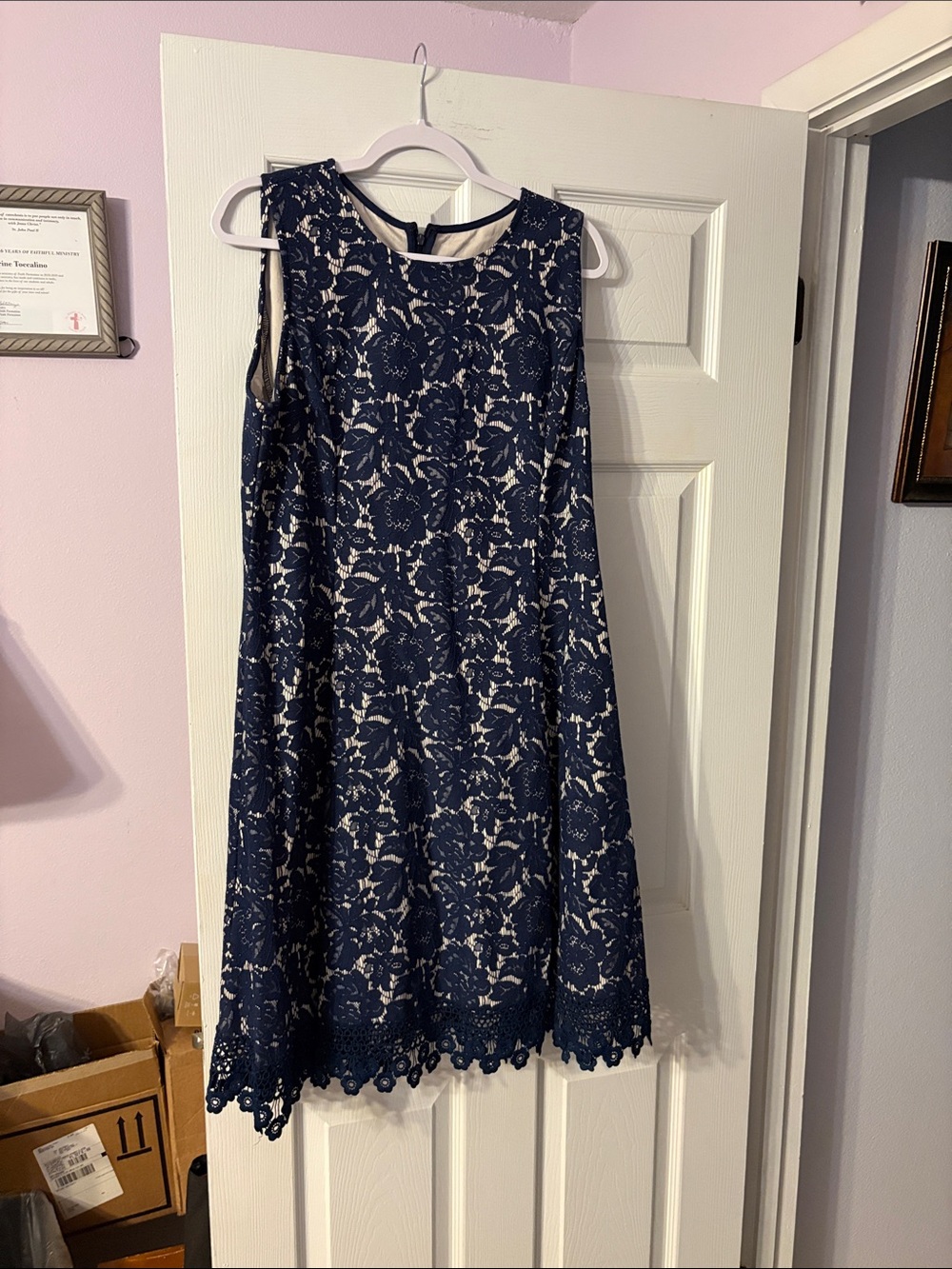 Donna Ricco Navy Lace Overlay A-Line Dress with Cream Lining